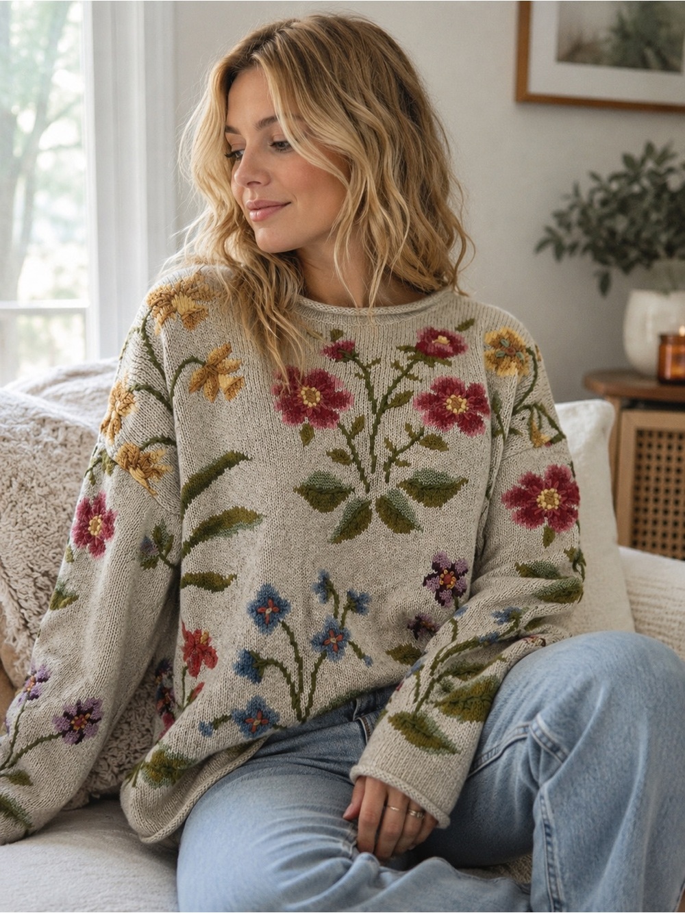 VTG Northern Isles Embroidered Floral Knit Sweater Beige Size Medium Cottagecore